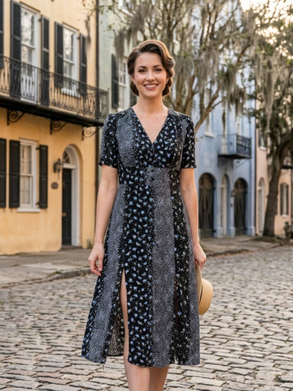 vtg Miss Selfridge black floral midi dress retro 90s y2k cottagecore